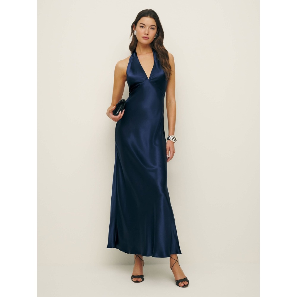 NWT Reformation Daniela Silk Maxi Dress Navy Blue Halter V-Neck Open Back